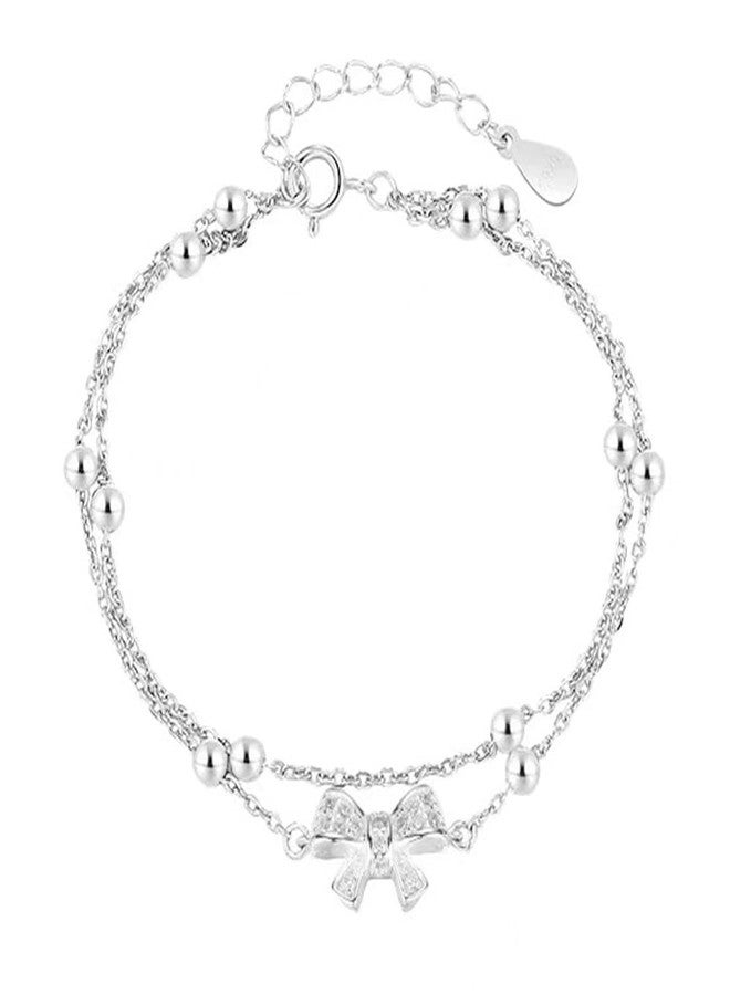 Kawailay Bow Charm Link Bracelet Multilayered Bow Tie Charm Bracelet Crystal Bow Bracelet Bangle for Women - Silver - Image 1